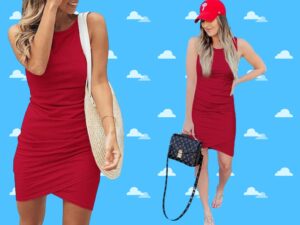 a collage of a woman in a red dress