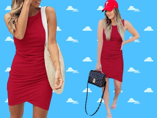 a collage of a woman in a red dress