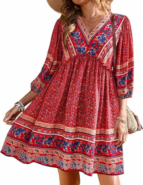 BTFBM Women Casual Spring Summer Dresses V Neck Long Sleeve Ruffle Floral Flowy Boho Babydoll Mini Short Beach Dress