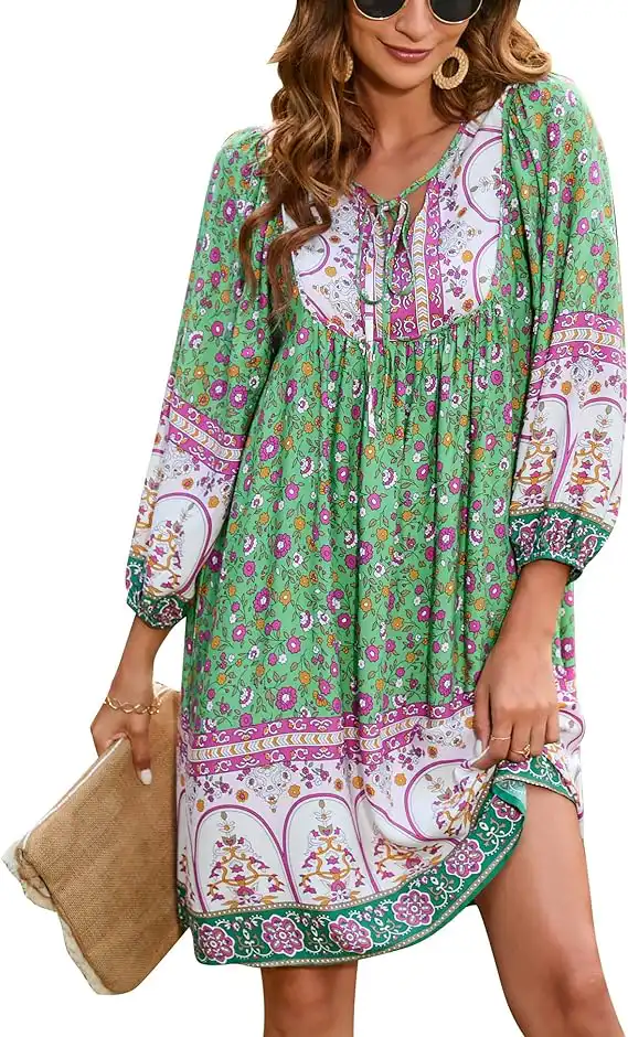 Bluetime Women Casual Summer Dress Boho V Neck Sleeve Short Babydoll Floral Print Flowy Beach Dresses Bluetime Women Casual Summer Dress Boho V Neck Sleeve Short Babydoll Floral Print Flowy Beach Dresses