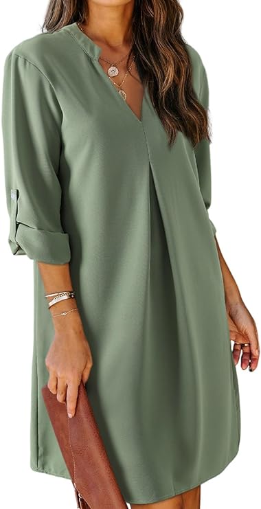 Dokotoo Womens Shirt Dresses V Neck Casual Loose Long Sleeve Bohemian Flowy Swing Mini Sun Dress with Pockets