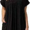 Jayscreate Womens Baby Doll Dress Summer Casual Tunic Pleated Flowy Swing Short Sleeve Black V Neck Mini Dress