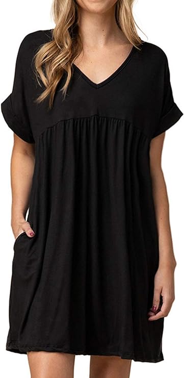 Jayscreate Womens Baby Doll Dress Summer Casual Tunic Pleated Flowy Swing Short Sleeve Black V Neck Mini Dress