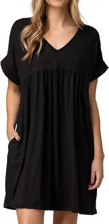 Jayscreate Womens Baby Doll Dress Summer Casual Tunic Pleated Flowy Swing Short Sleeve Black V Neck Mini Dress Jayscreate Womens Baby Doll Dress Summer Casual Tunic Pleated Flowy Swing Short Sleeve Black V Neck Mini Dress