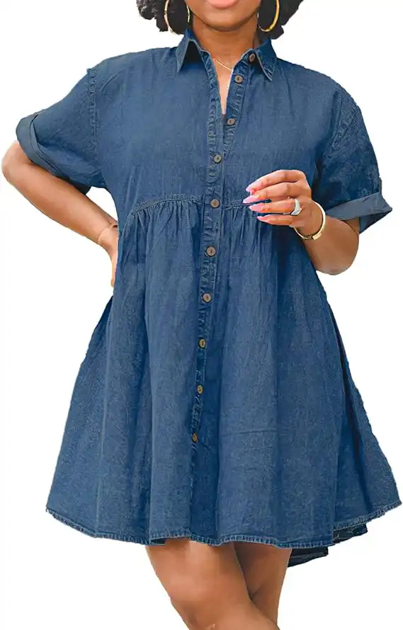 TheyLook Womens Denim Babydoll Dresses Button Down Tiered Jean Dress TheyLook Womens Denim Babydoll Dresses Button Down Tiered Jean Dress