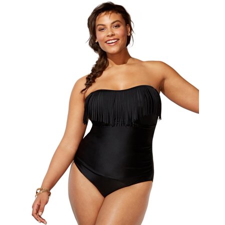 Swimsuits For All Women's Plus Size Fringe Bandeau One Piece Swimsuit 18 Black