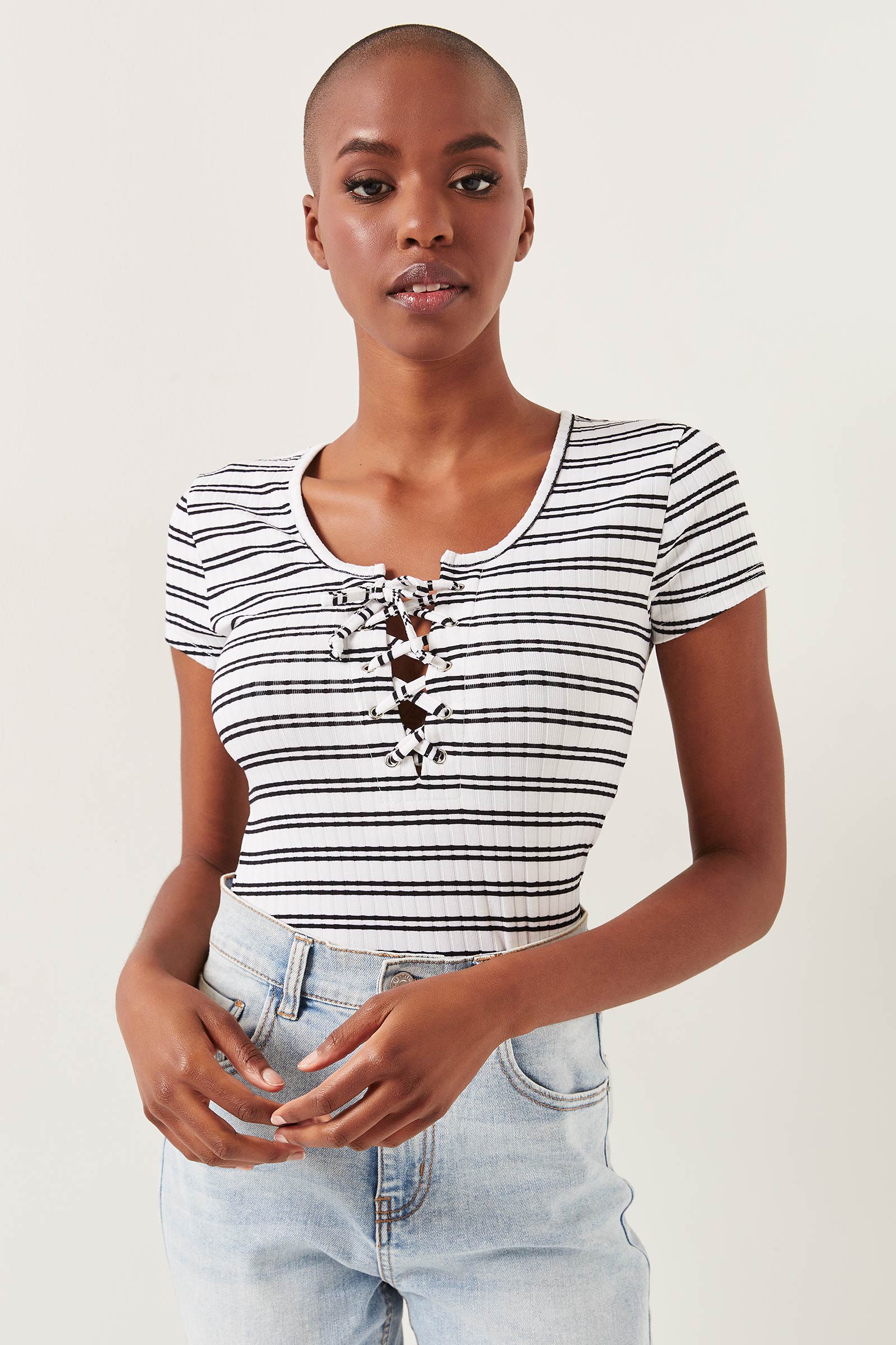Ardene Lace-Up Ribbed Tee in White | Women's Size Small | Polyester/Spandex