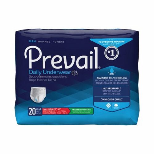 Male Adult Absorbent Underwear Prevail Men's Daily Underwear Pull On with Tear Away Seams Small / M 20 Bags by First Quality
