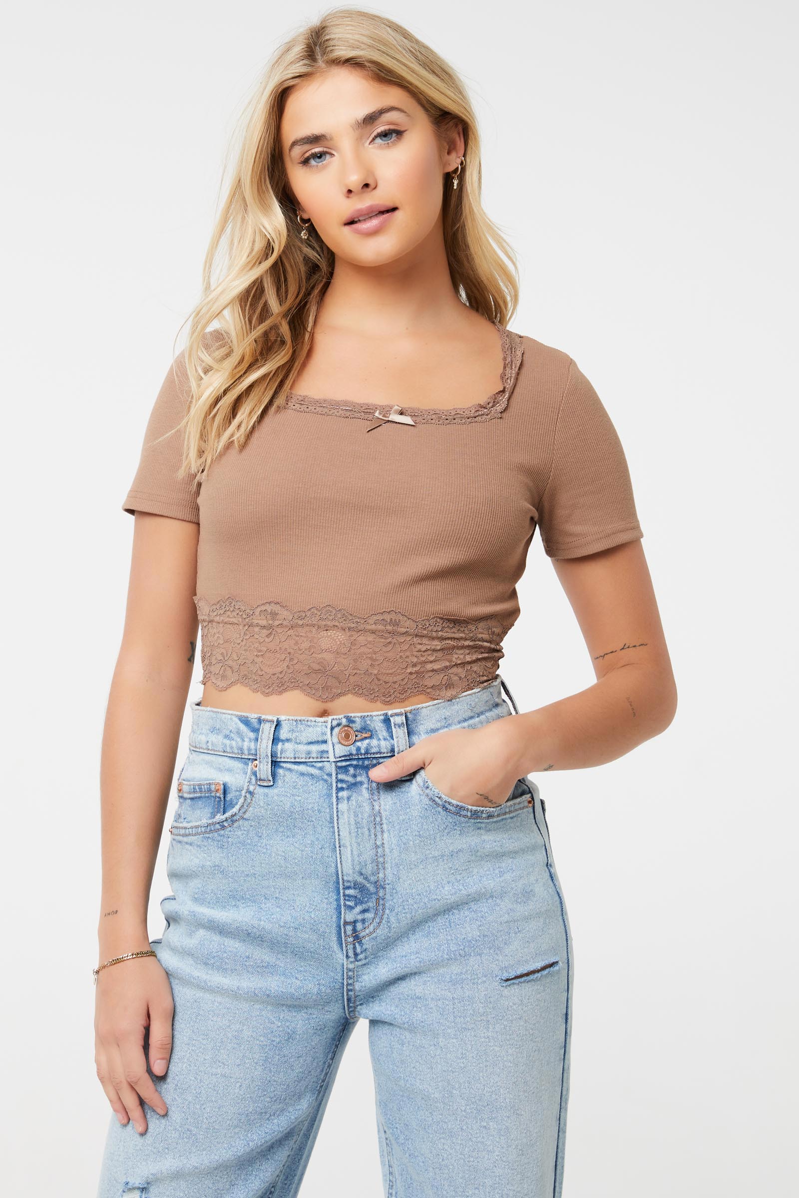 Ardene Crop Square Neck Tee with Lace Hem in Beige | Size Small | Polyester