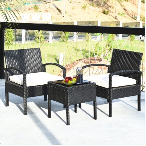 Costway 3PCS Patio Rattan Furniture Set Table & Chairs Set with Cushions Outdoor