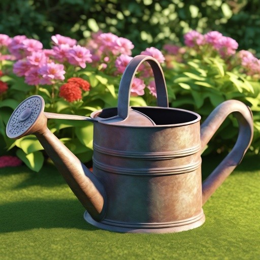Beautiful vintage-style watering can in a lush well-maintained garden