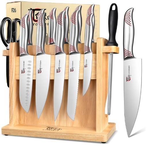 SYOKAMI Kitchen Knife Set, 14 Pieces Japanese Style Knife Block Set With Wooden Block, High Carbon Stainless Steel Ultra Sharp Knives With Ergonomic Handle, Including Honing Steel and Shears