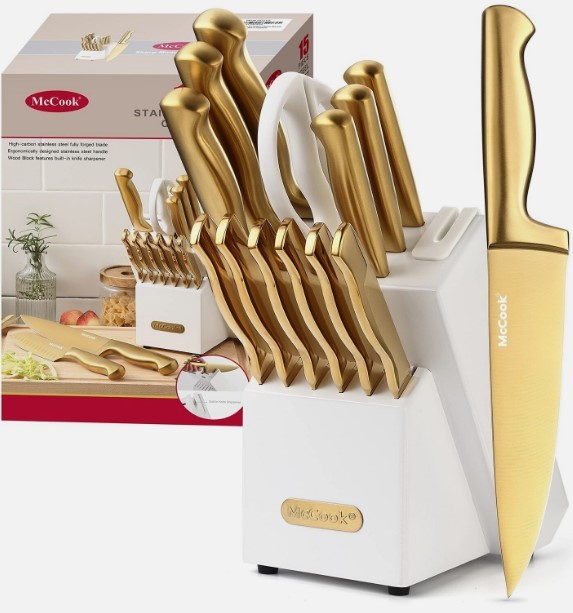 High quality, German stainless steel knives, Built-in sharpener, Sleek walnut block, Well-crafted kitchen knife set, Professional chef's essential, Beautifully designed, Modern and stylish, Clean lines and ergonomic handles, Expert craftsmanship, Precision cutting, Kitchen essentials, Durable and long-lasting, Versatile for all culinary tasks, Perfect gift for any home cook
