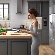 beautiful young woman in kitchen using knife
