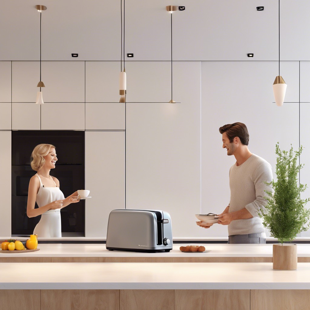 Family having breakfast modern electric Toaster is on the kitchen counter