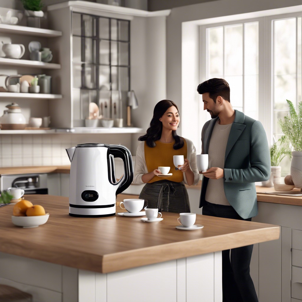 lady and a man having a cup of tea, Electric Kettles is on the kitchen counter on the side of the couple