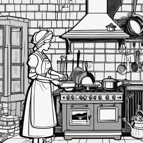 lady in an old kitchen cooking with old pot on a stove