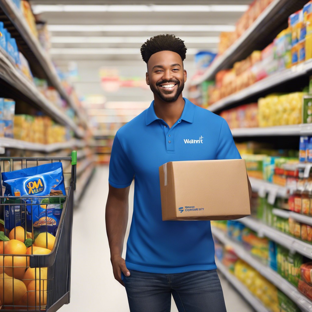 smiling Walmart worker holding package