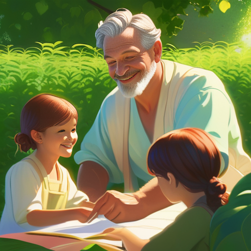 a man and two girls sitting in a garden