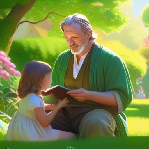 a man and a girl sitting on grass reading a book