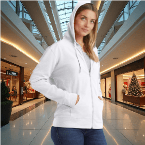 a woman in a white hoodie