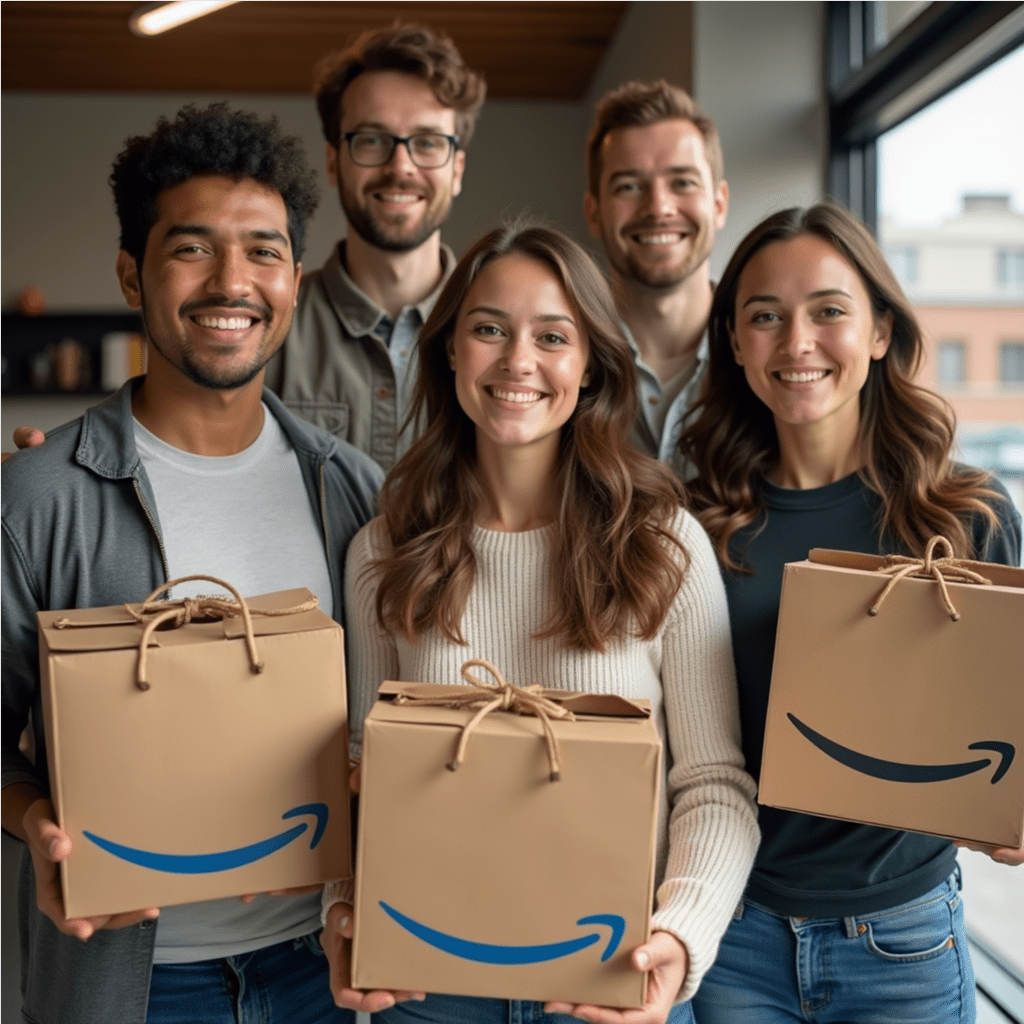 a group of people holding boxes