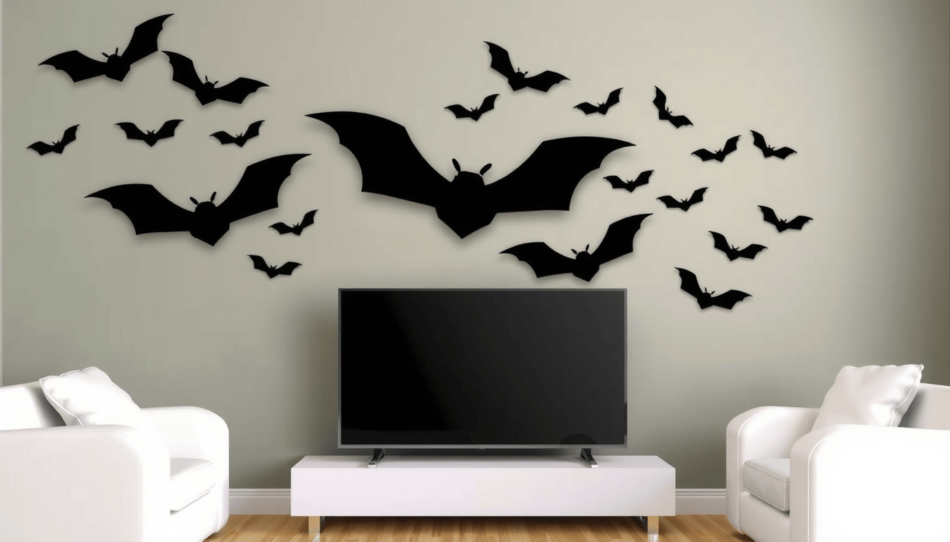 Black bats decor on living room wall