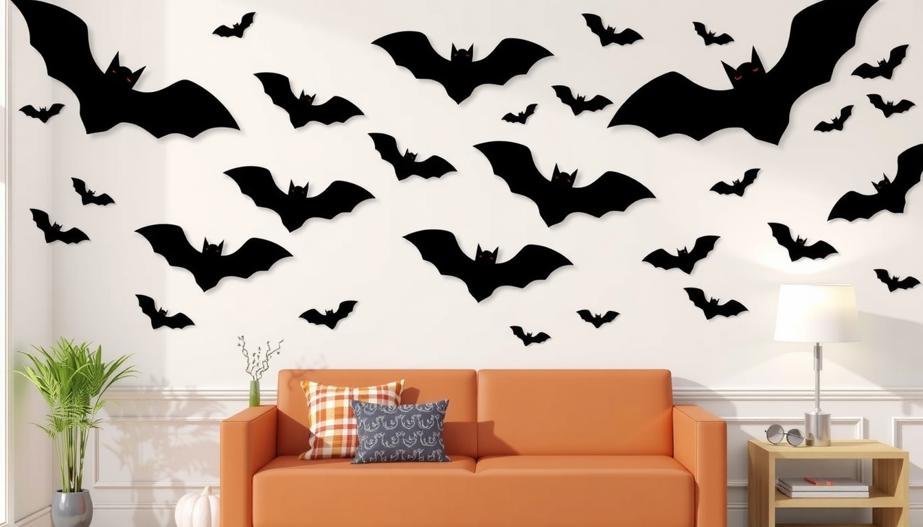Black bats decor on white wall