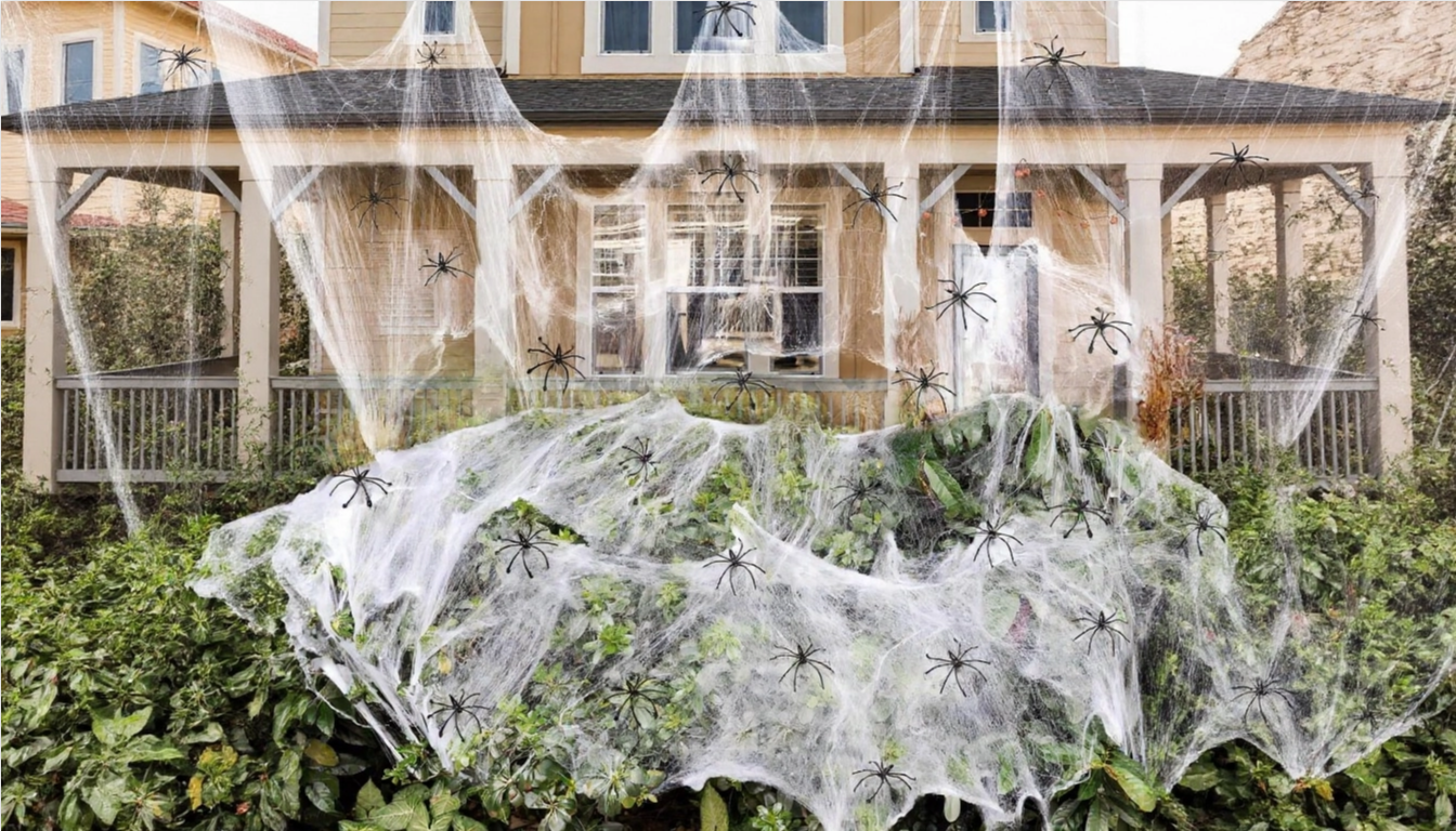 House decorated with spider webs.