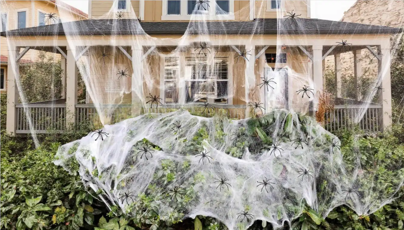 House decorated with spider webs.