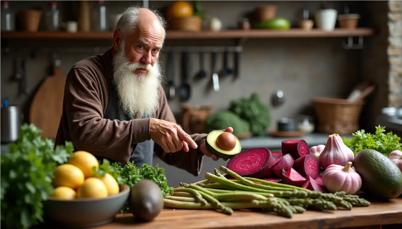 Elderly man preparing fresh vegetables.