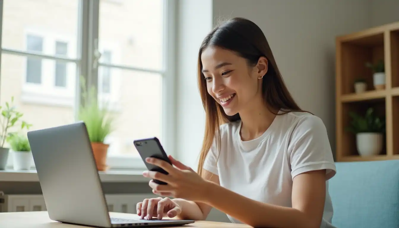 Young woman using laptop and phone
